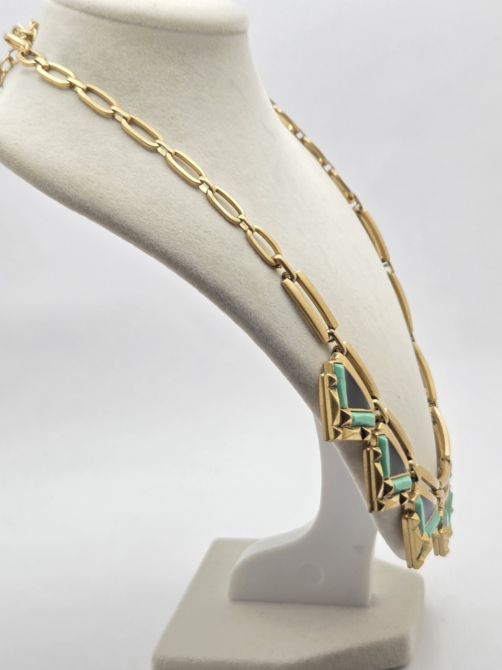 Stella & Dot Art Deco Statement Necklace Gold Tone Green Black Geometric 21" - Picture 7 of 16